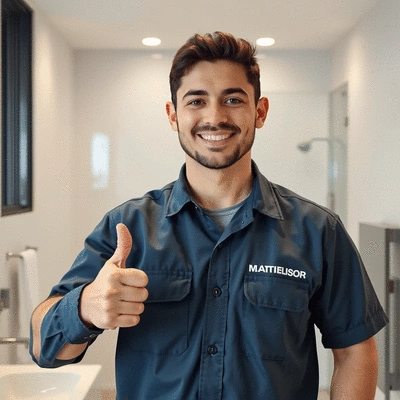 Professional plumber smiling and giving a thumbs up in a modern bathroom