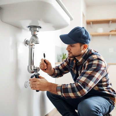 Plumber fixing a leaky pipe under a sink in a modern home