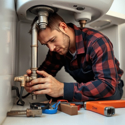 Plumber fixing a pipe under a sink, illuminated, clean environment