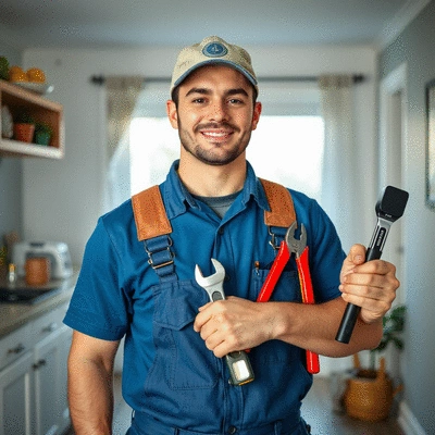 Plumber holding tools in a home setting