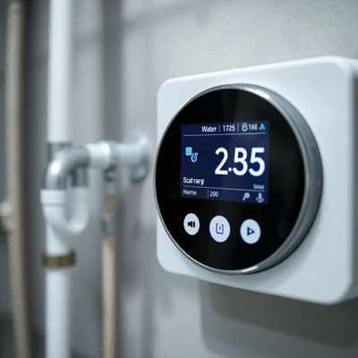 Close-up of a modern smart home control panel displaying water usage data, concept of smart home technology integration in plumbing
