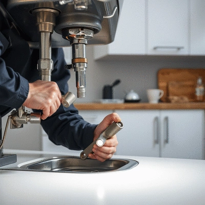 Plumber checking a leak under a sink with tools