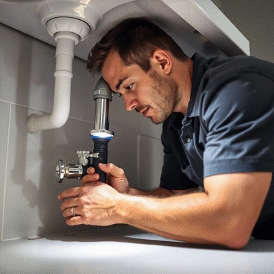 Plumber fixing a leaky pipe under a sink, illuminated by a flashlight, showing expertise and professionalism, no text, no words, no typography, clean image