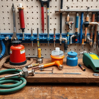 Plumbing tools and equipment on a workbench