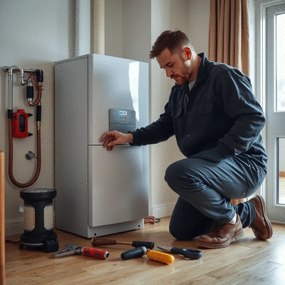 Gas engineer working on a boiler in a modern home