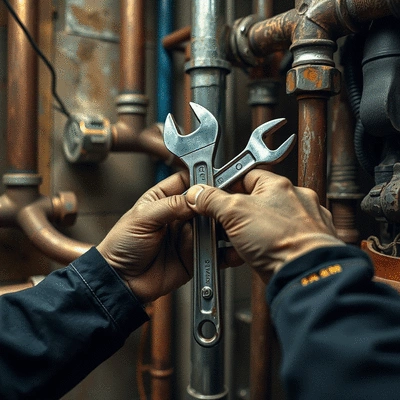 Hands of a plumber holding a wrench near pipes, focusing on repair work
