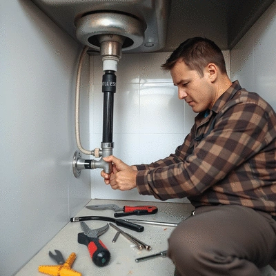 Plumber working on a pipe under a sink, tools scattered around, clean and well-lit environment