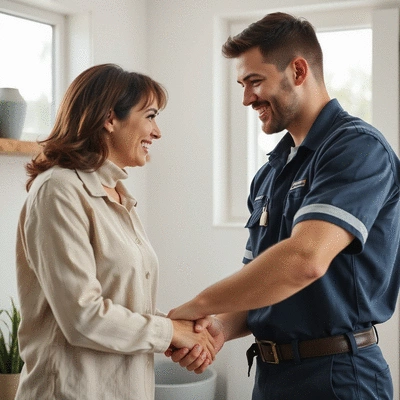 Plumber shaking hands with a homeowner after a successful repair, conveying trust and satisfaction