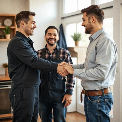 Customer shaking hands with a SmartFix plumber, professional and friendly interaction