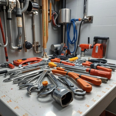 Detailed plumbing tools laid out neatly on a workbench, professional, clean