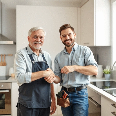 Happy homeowner shaking hands with a plumber in a clean, modern kitchen after a successful repair