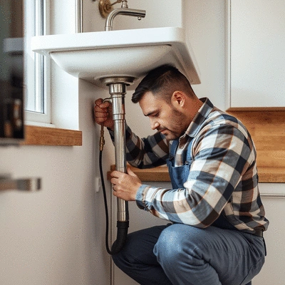 Plumber fixing a pipe under a sink