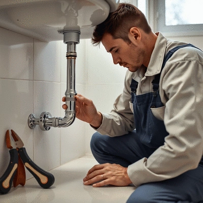 Plumber fixing a leaking pipe in a modern bathroom, clean and professional, with tools visible