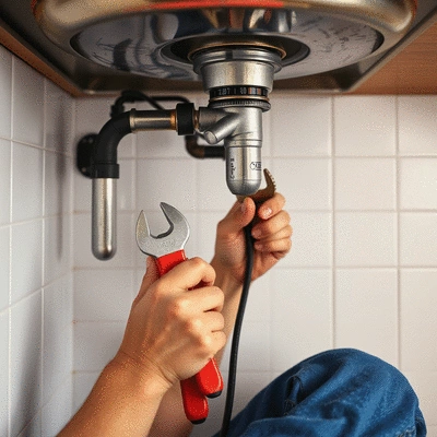 Plumber fixing a pipe under a sink, focus on hands and tools