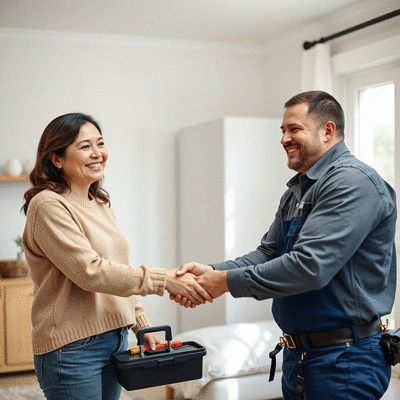 Happy customer shaking hands with a plumber after a successful plumbing service