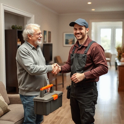 Happy homeowner shaking hands with a professional plumber in a clean home environment
