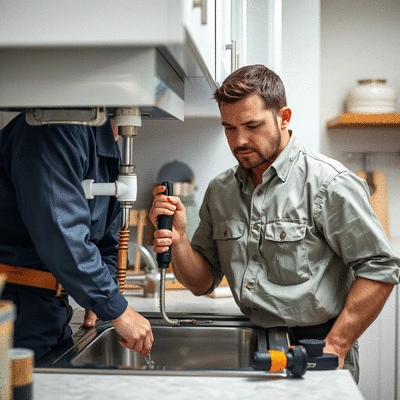 Professional plumber inspecting pipes under a sink with tools