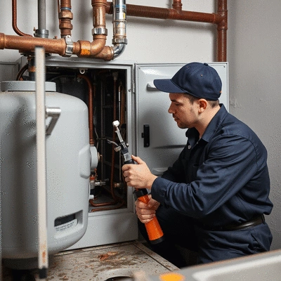 Professional plumber inspecting a boiler, using specialized tools, focus on safety and efficiency, no text, no words, no typography, clean image