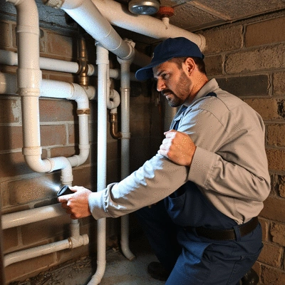 Professional plumber inspecting pipes in a residential basement, wearing work clothes and using a flashlight