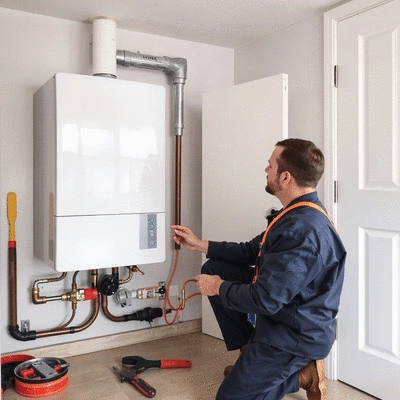 Professional plumber inspecting a modern boiler, concept of specialized boiler repair and maintenance