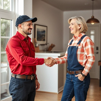 Plumber shaking hands with a homeowner, symbolizing trust and reliability