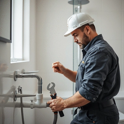 Plumber working on a pipe in a modern bathroom, clean and professional