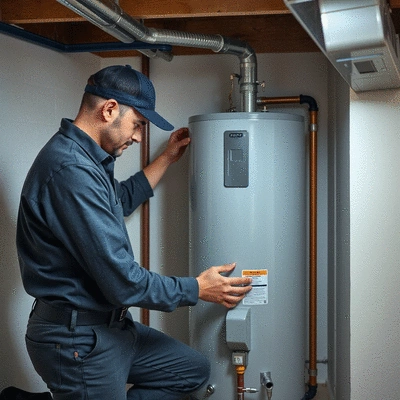 Plumber checking a household water heater in a basement