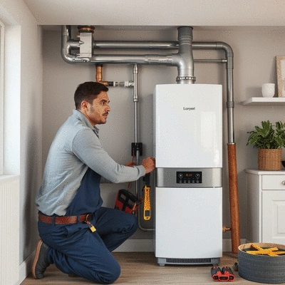 Professional plumber installing a new boiler in a modern home